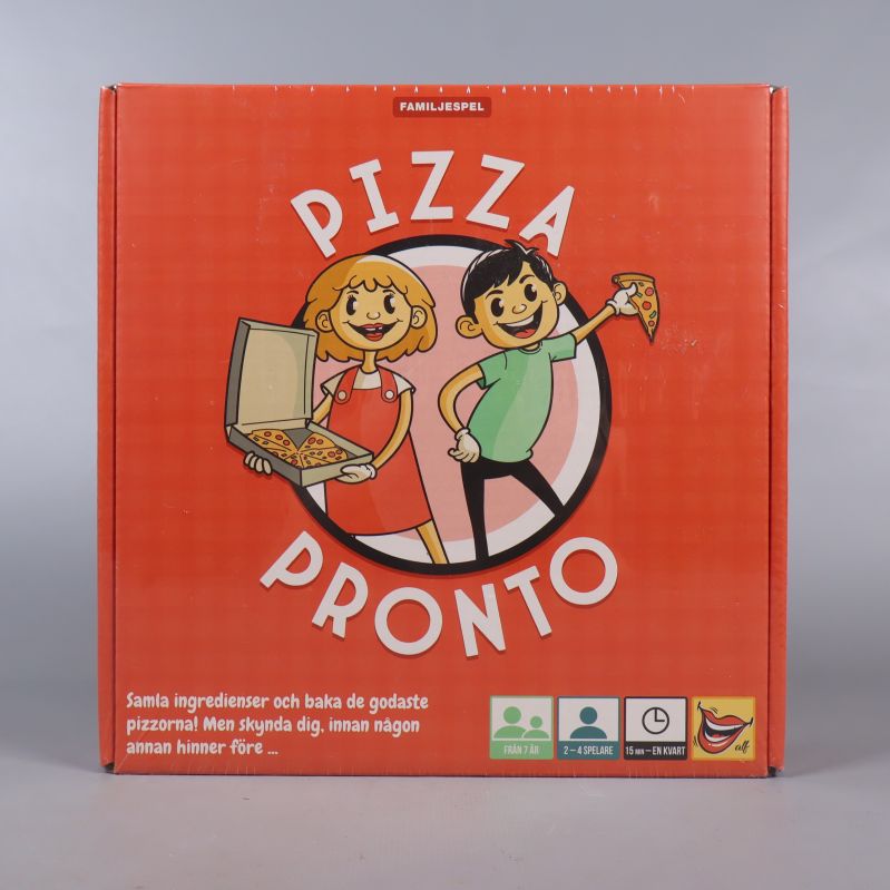Framsidan av Pizza Pronto spelkartong med illustrationer