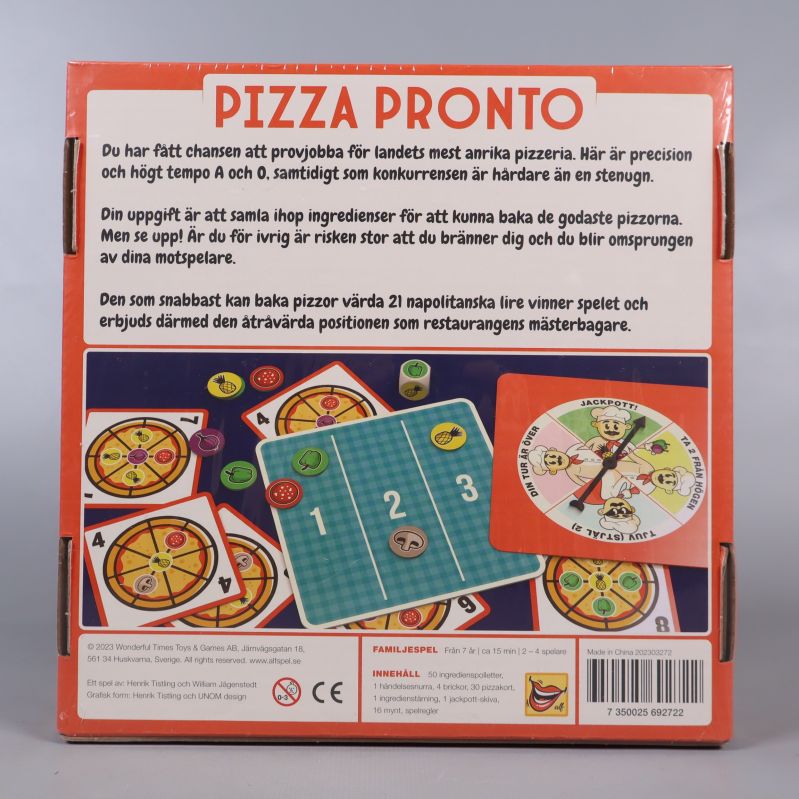 Baksidan av Pizza Pronto med spelkomponenter och instruktioner