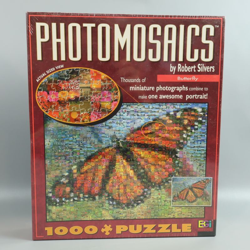 Framsidan på pusselask med fotomosaik fjärilsmotiv och texten PHOTOMOSAICS