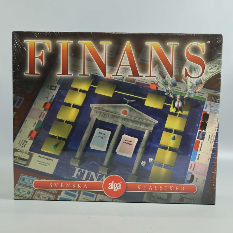 Framsidan av spelet Finans med spelplan och låda