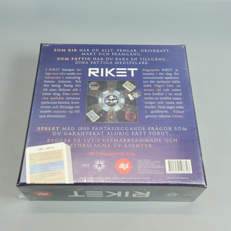 Baksidan av Riket spelask med beskrivning och information
