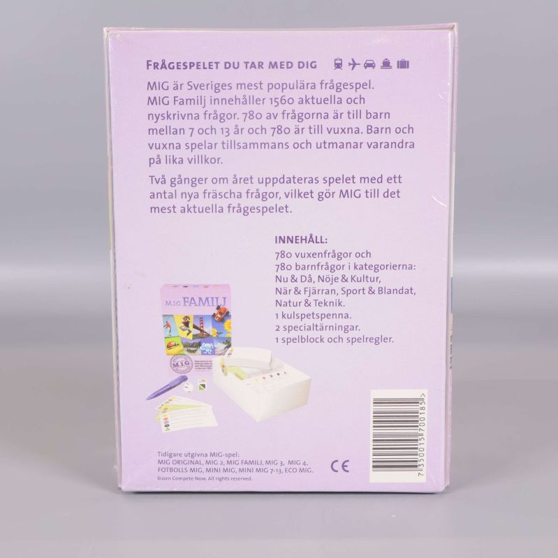 Baksida av MIG Familj spel med innehållsbeskrivning och illustration
