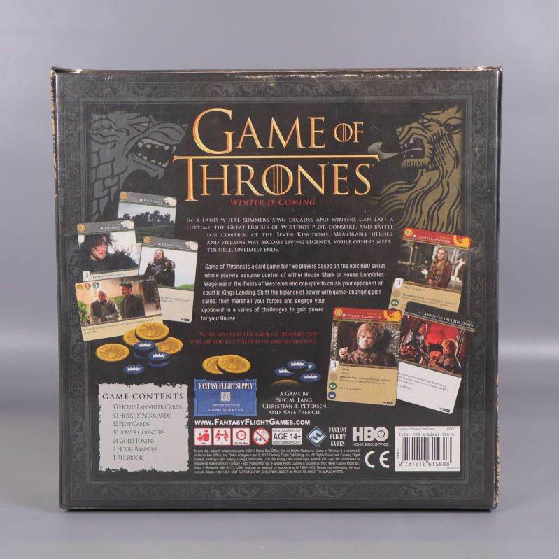 Baksida av Game of Thrones brädspel med spelkort och beskrivning