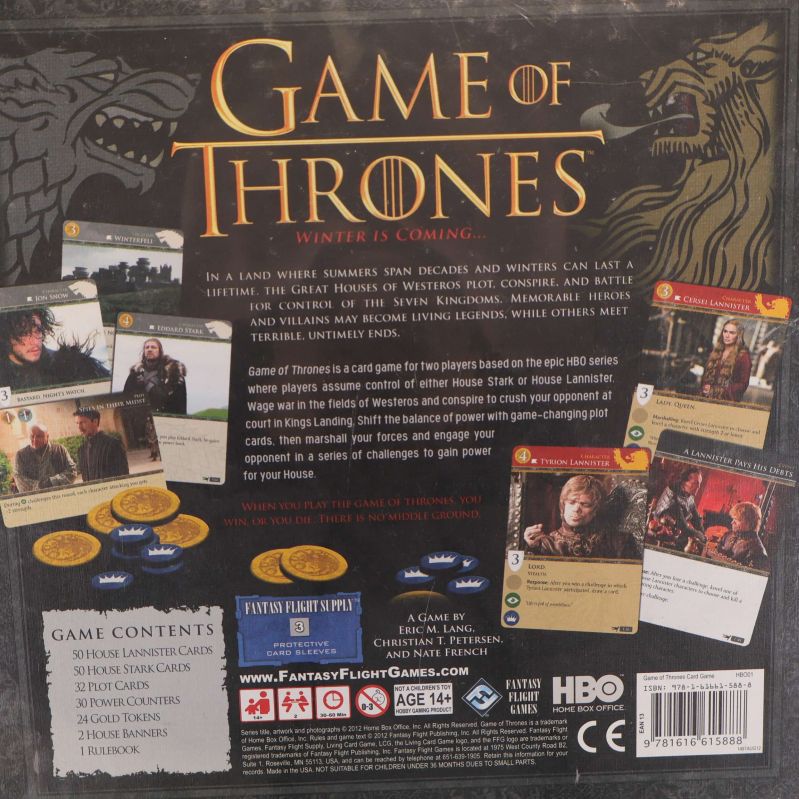 Närbild på baksidan med innehåll och ikoner för Game of Thrones brädspel