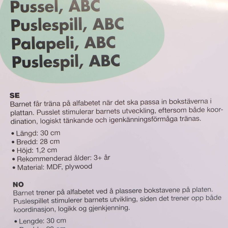 Detaljerad produkttext om användning och material för ABC pussel