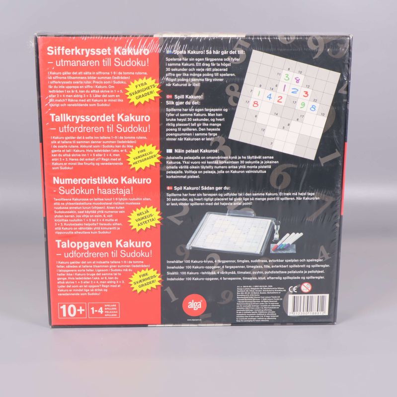 Baksidan av Kakuro spel med spelbeskrivning och funktioner