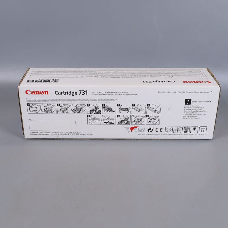 Baksidan av Canon Cartridge 731-lådan med instruktioner för installation