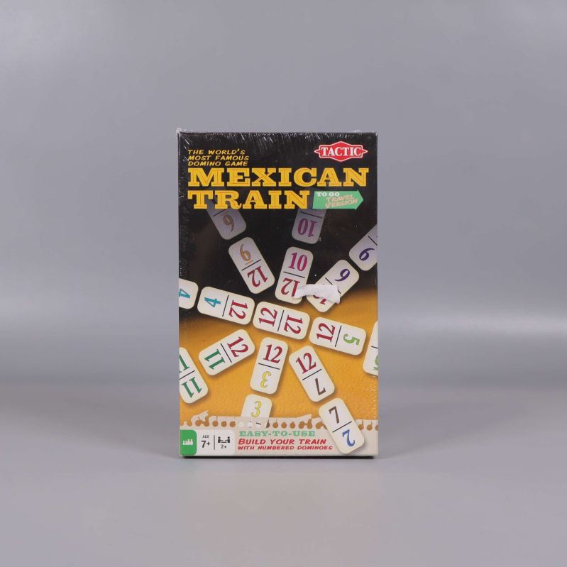 Framsida av Mexican Train domino-spel med förpackning och dominobrickor