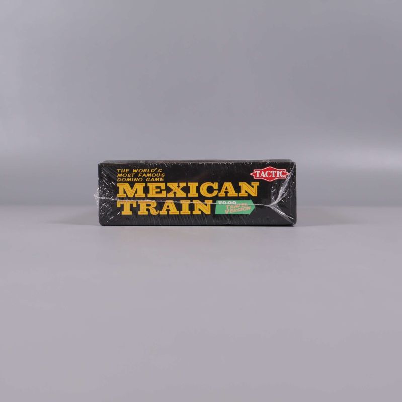Ovandelen av Mexican Train domino-ask med produktnamn