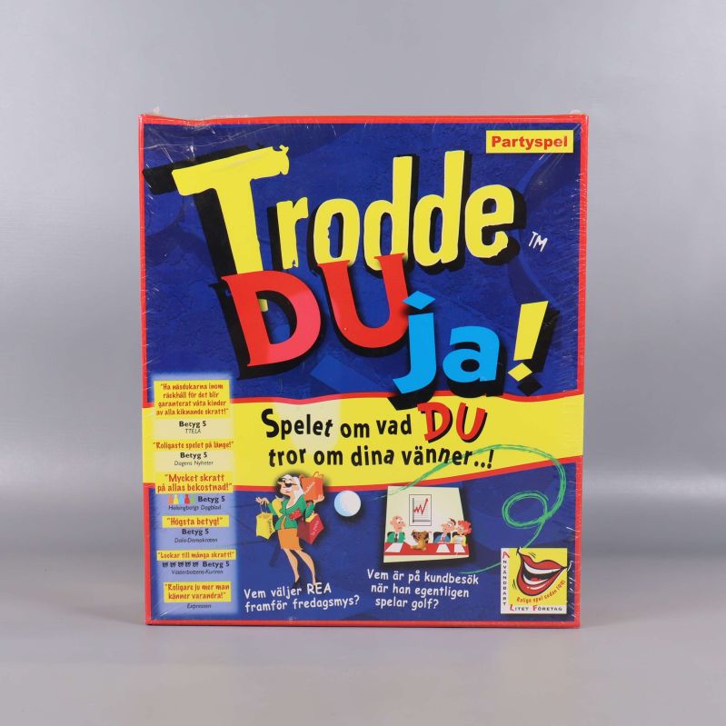 Framsidan av spelet Trodde du ja! i färgglad förpackning