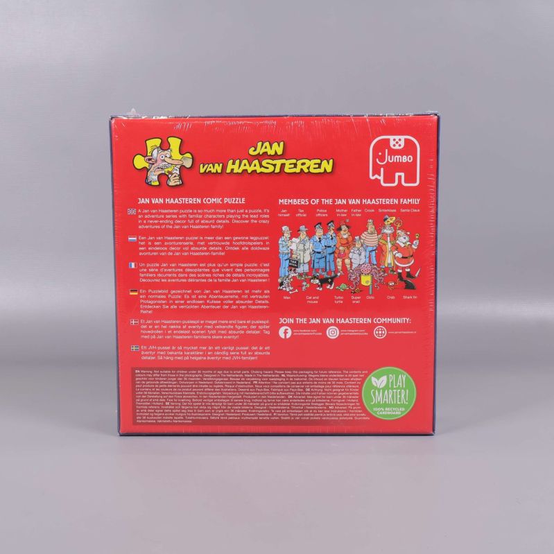 Baksidan av Jan van Haasteren comic puzzle med information och illustrationer
