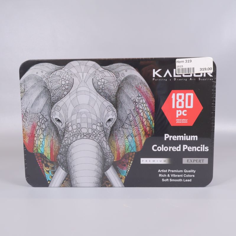 Ask med motiv av elefant samt texten Premium Colored Pencils 180 pc