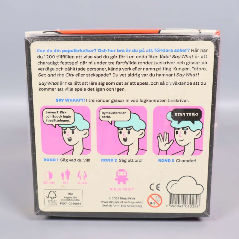 Baksidan av Say What-spelet med instruktioner och illustrationer