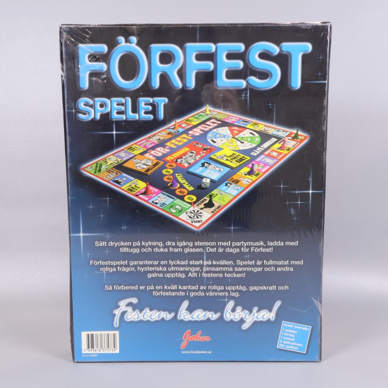 Förfestspelet baksida med spelplan och spelbeskrivning