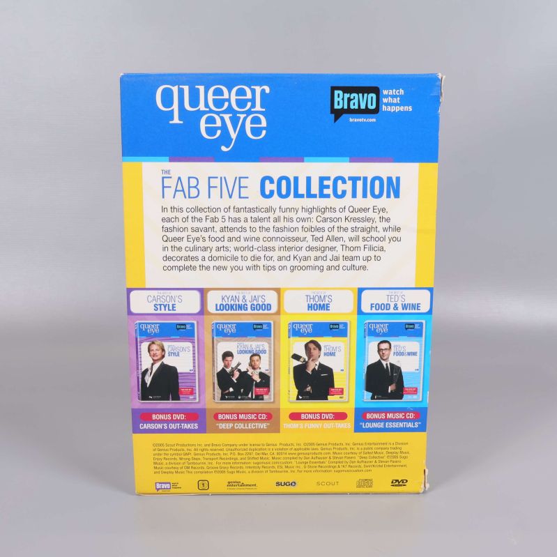 Baksidan av Queer Eye dvd-box med beskrivning och bilder