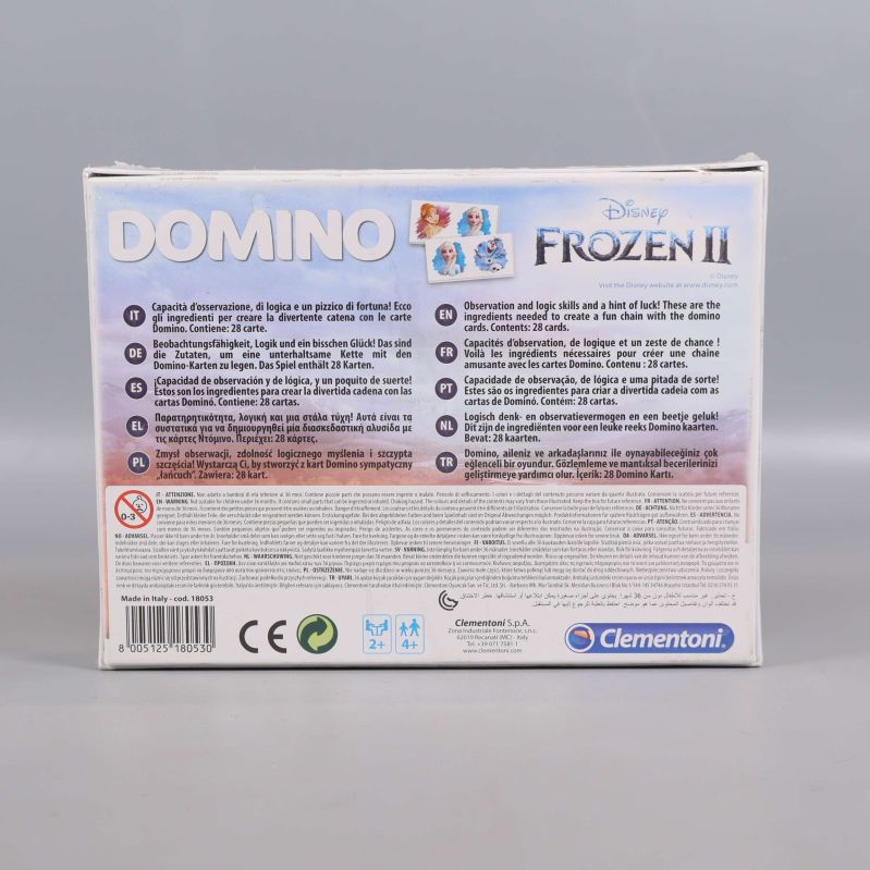 Baksidan av Frozen II dominoförpackning med spelbeskrivning