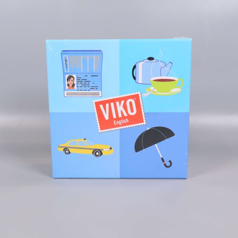 Framsidan av VIKO English-lådan med färgglada illustrationer
