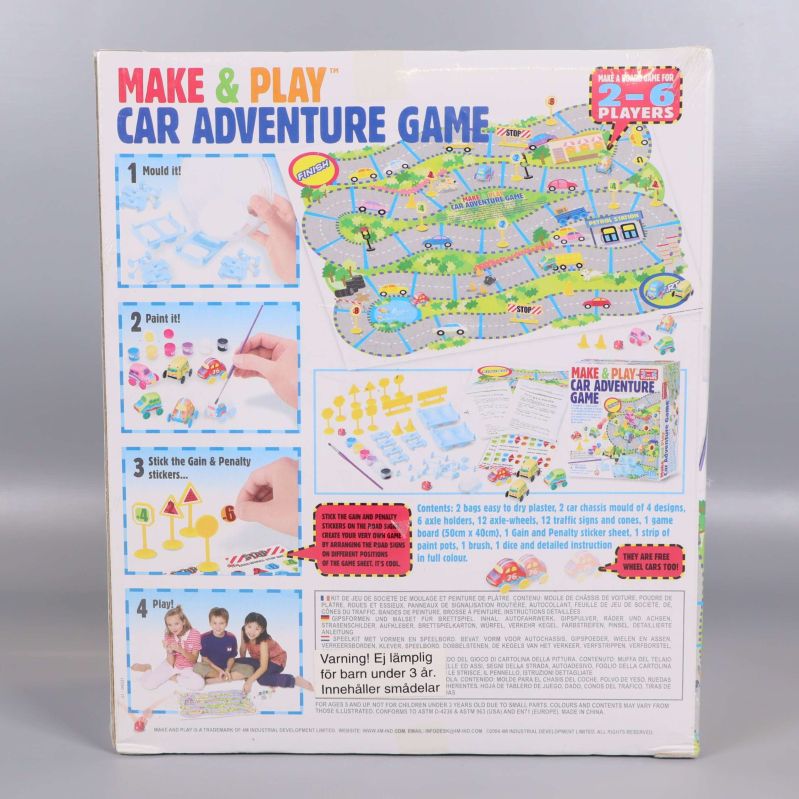 Baksida av Make & Play Car Adventure Game visar spelregler och komponenter