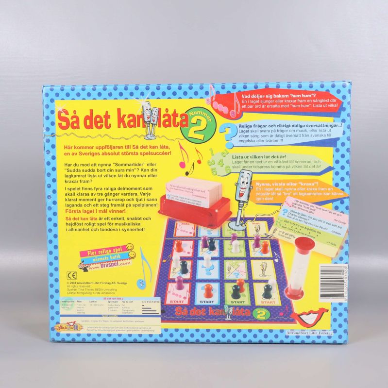 Baksidan av spelboxen Så det kan låta med illustrationer och spelbeskrivning