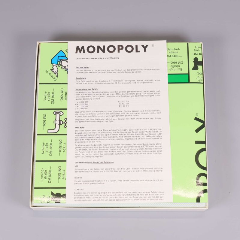 Monopoly-spelplan och spelregler synliga i öppen låda