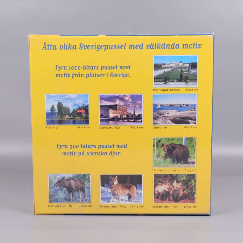 Baksida av pussellåda med olika svenska motiv och djur