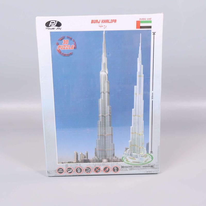 Framsidan av 3D-pusslets förpackning visar Burj Khalifa