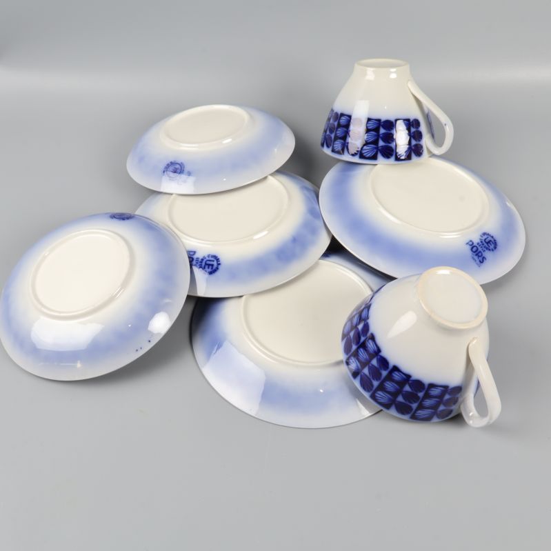 Nederdel av assietter och koppar med blåskiftande baksida