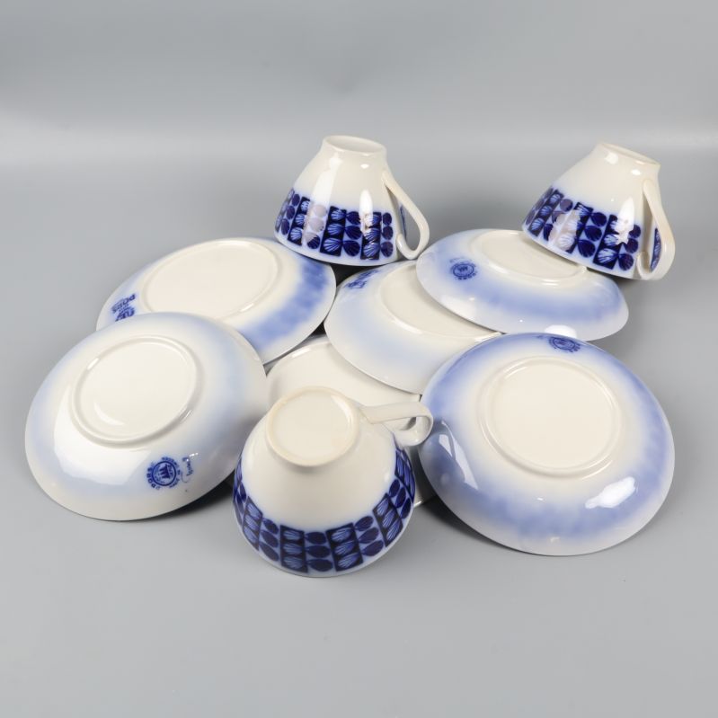 Botten på koppar och fat med dekormönster synligt