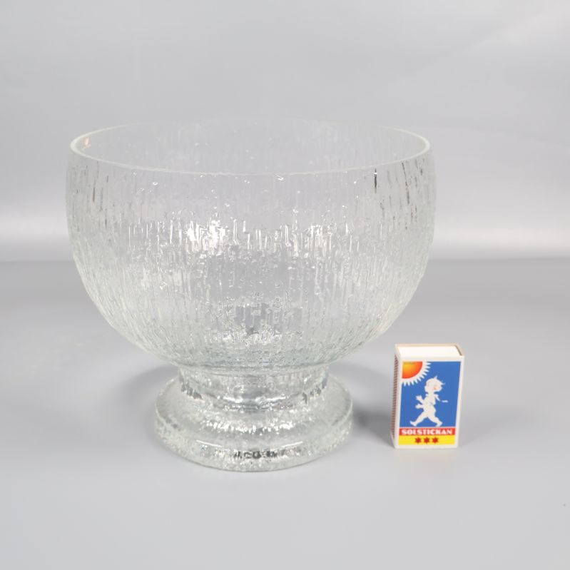 Glasskål bredvid tändsticksask för storleksjämförelse