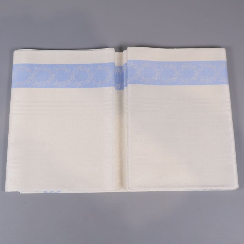 Två hopvikta handdukar med blå bård