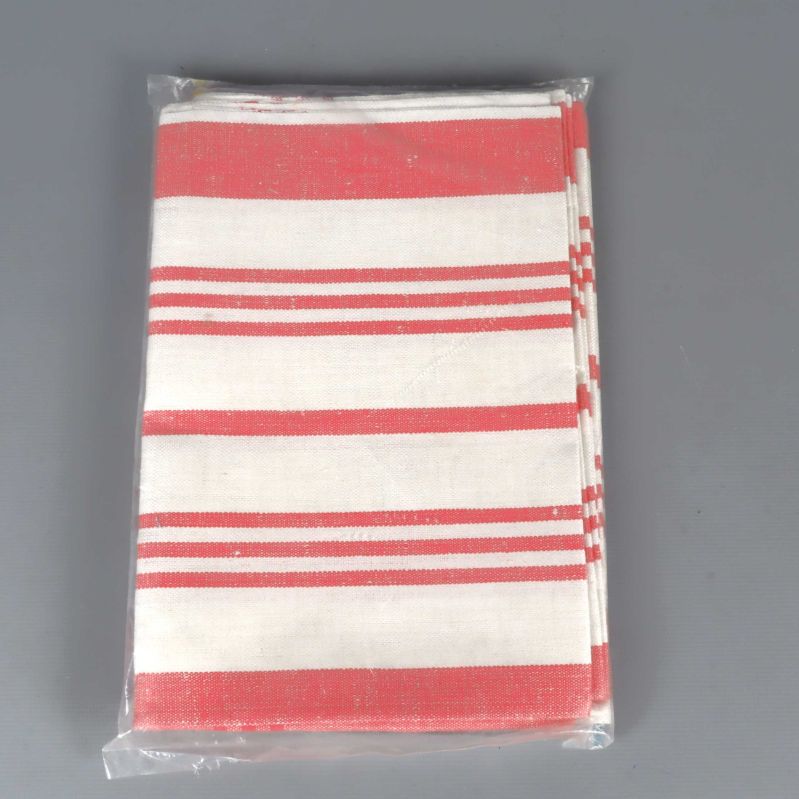 Baksida av kökshandduk i plast, rödvita ränder syns