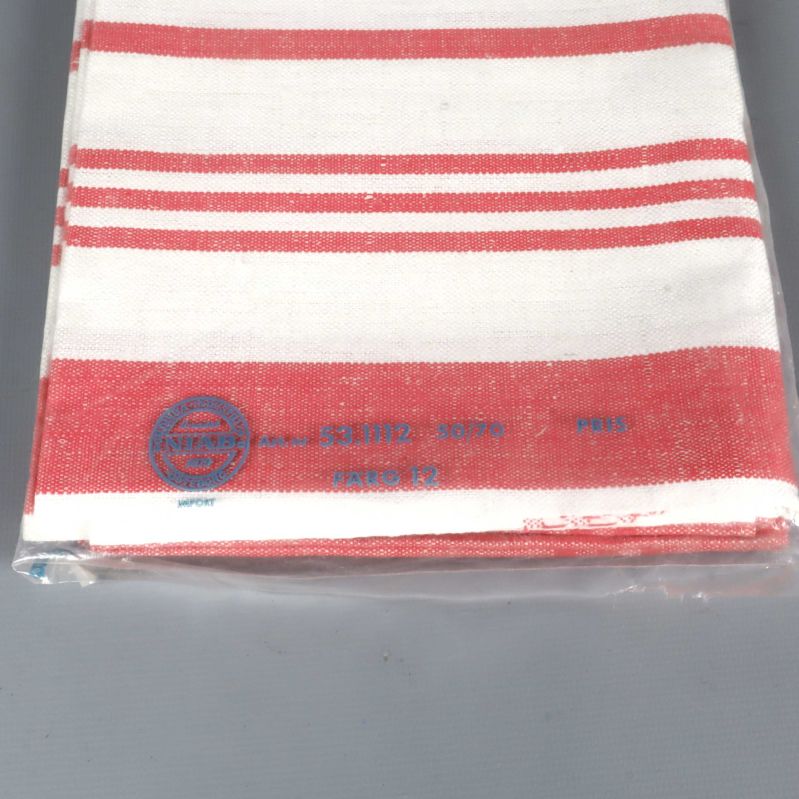 Närbild på nedre del av kökshandduken med röd kant