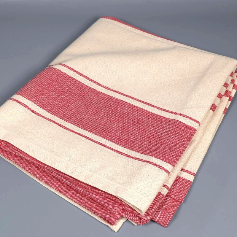 Randig duk i beige med röda breda ränder