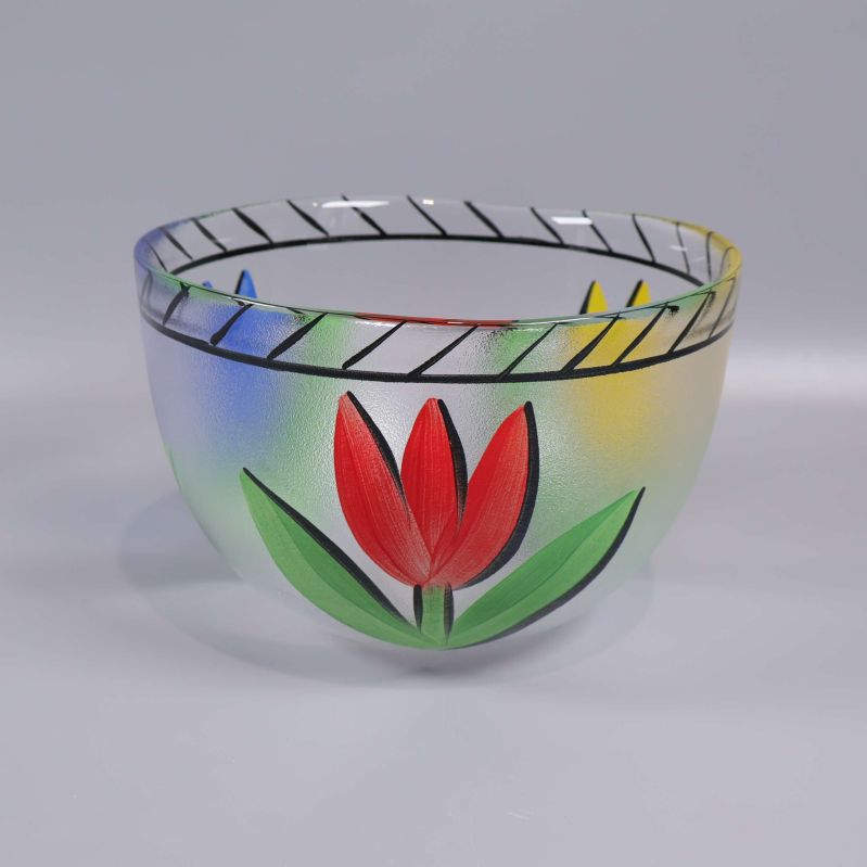 Glasskål med handmålad röd blomma och frostad yta