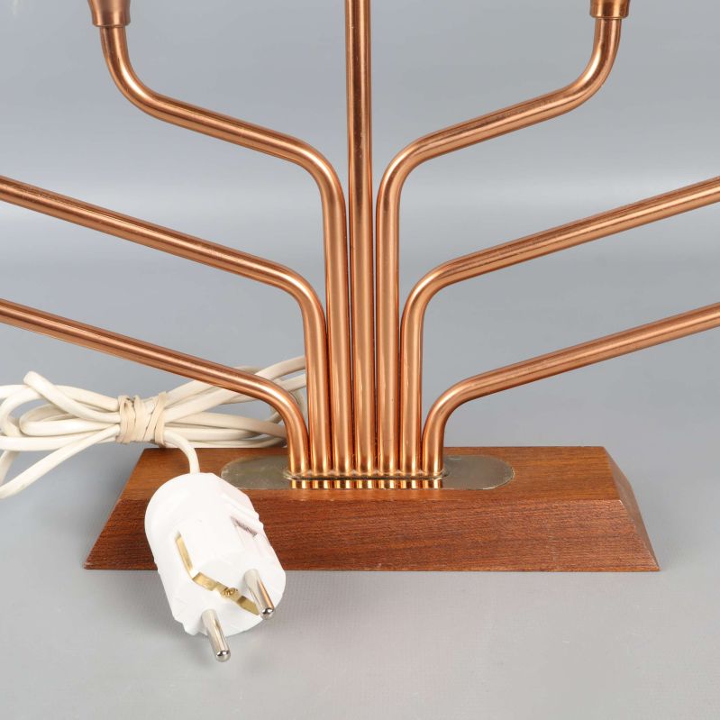 Närbild på kopparfärgade armar och träfot med vit sladd