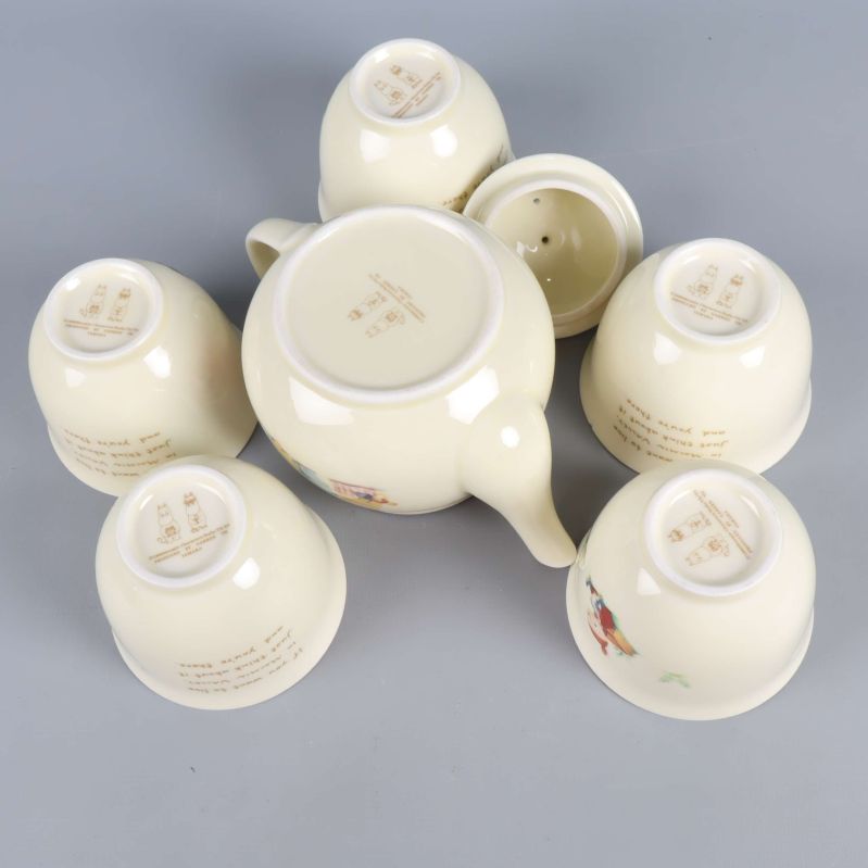 Undersidan av tekanna och koppar med märkningar