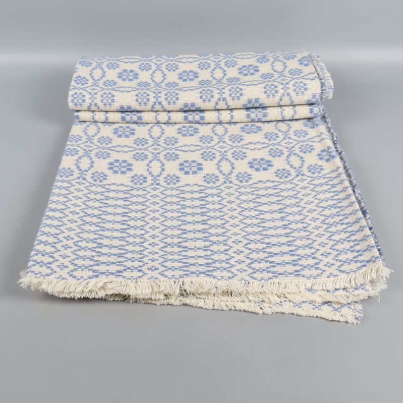 Halvt utvecklad duk med blå drällmönster