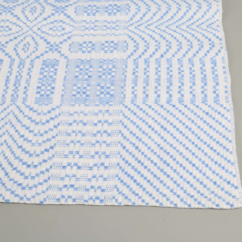 Närbild på tunt vävt blåvitt mönster