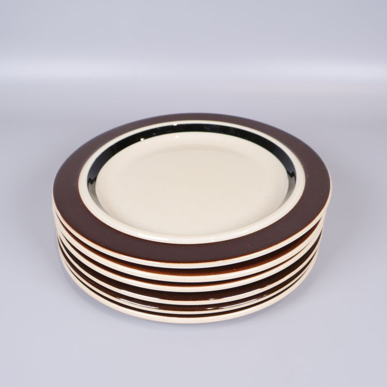 Hög med sex staplade tallrikar med brun kant