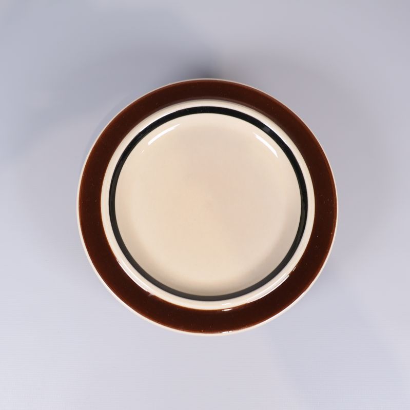 En enskild tallrik med brun bred kant ovanifrån