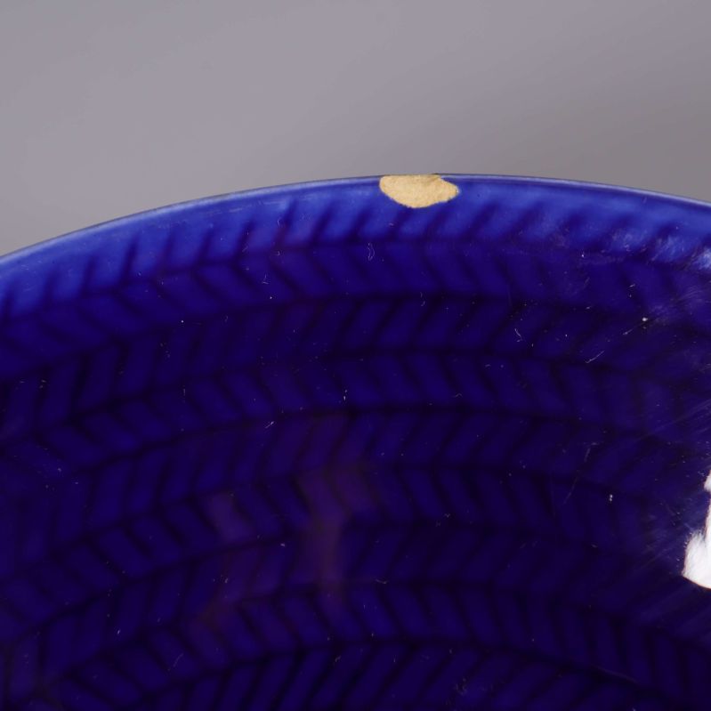 Detaljbild på nagg på blå skåls kant
