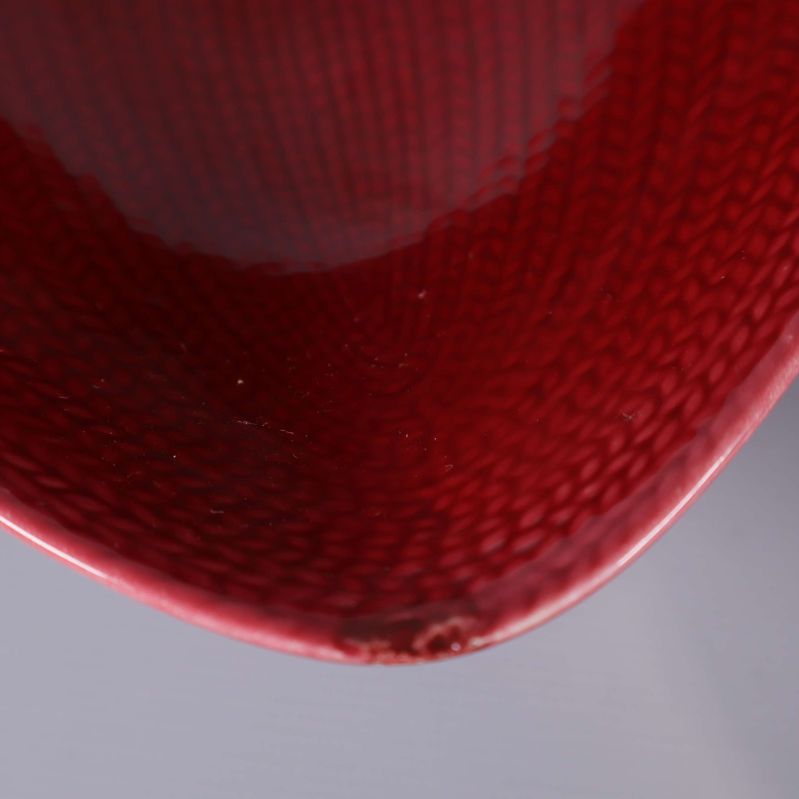 Närbild av kantnagg på röd skål