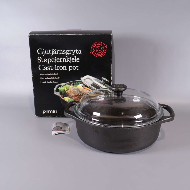 Gjutjärnsgryta med glaslock och originalkartong