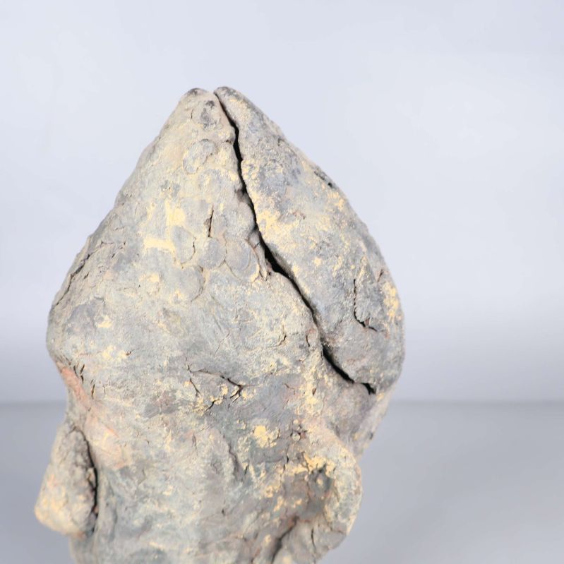 Närbild på topp och sprickor på skulpturens huvud