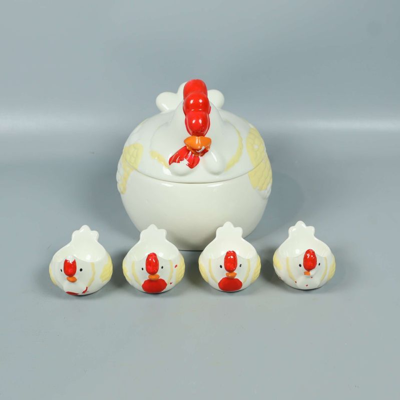 Keramikburk med hönsform och fyra matchande små skålar