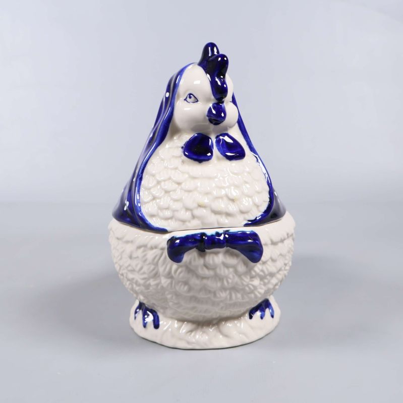 Höna keramikburk framifrån i blått och vitt