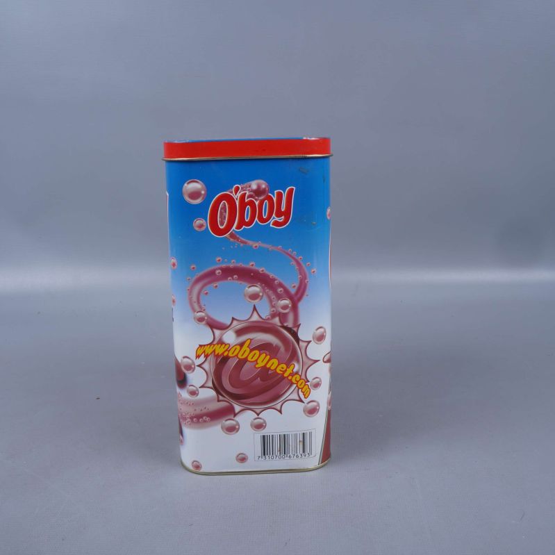 Bakre sida av O'boy metallburk med rund splash och streckkod