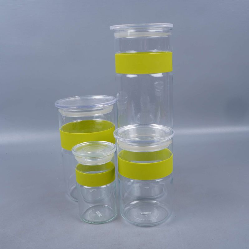 Glasburkar med lock och gula band framifrån