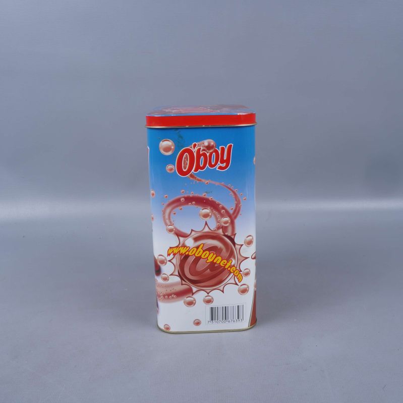 Sidan av O’boy metallburk med bubblor och chokladmotiv