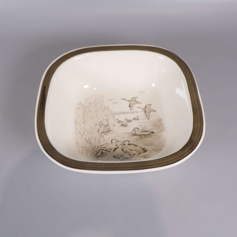 Närbild på skål med dekor av änder och vass